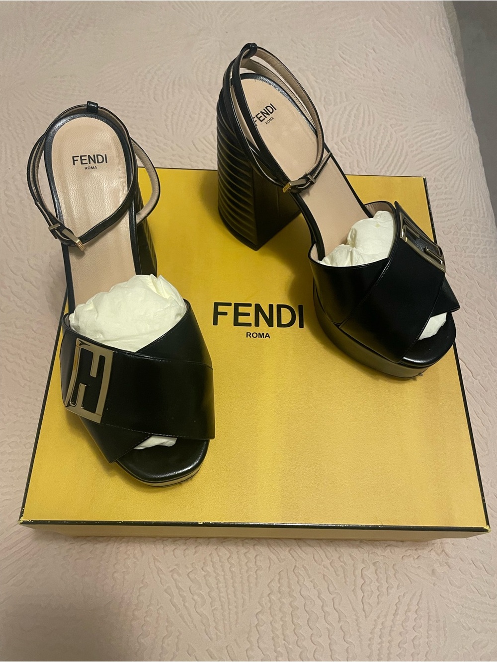 Fendi Black Leather Heel Sandals